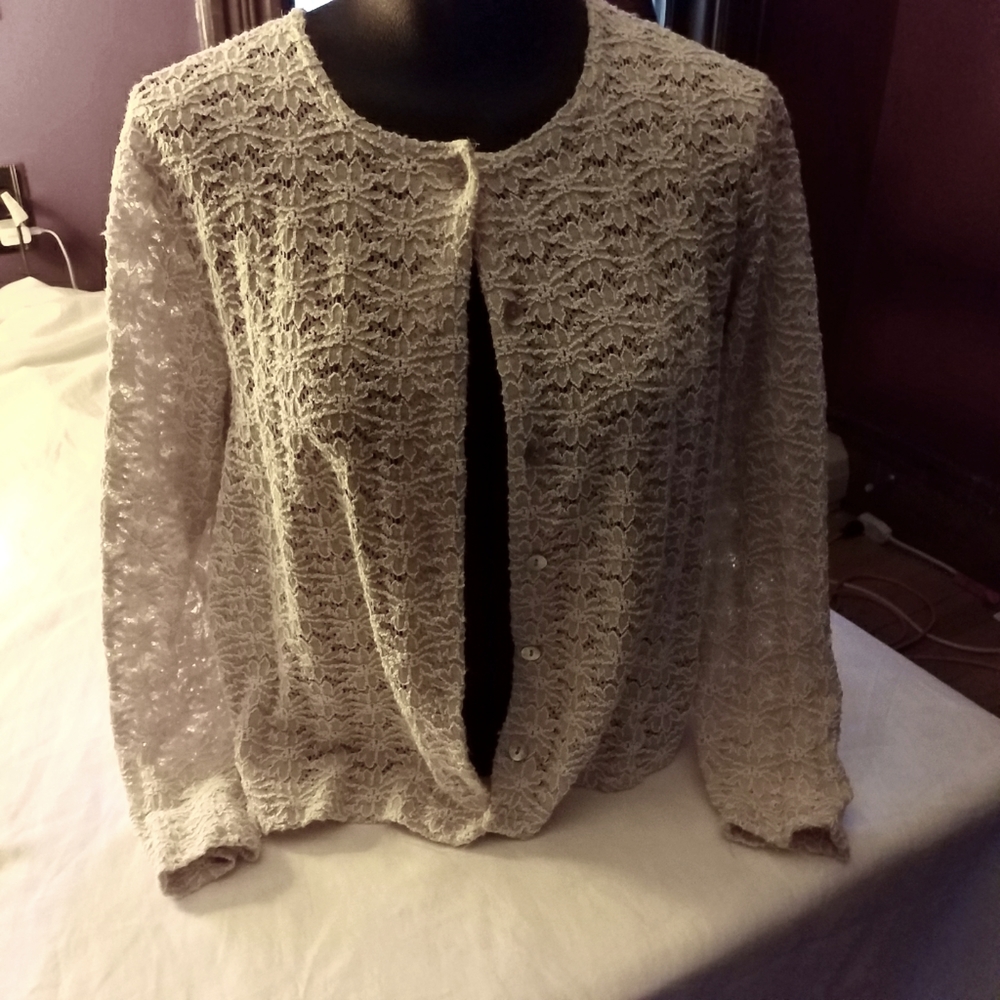 Vintage 1990s Lace, Stretchy Cardigan. Size: Small. Color: Cream